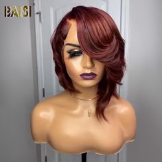 hairbs BOB Wig BAISI Sexy Side Part With Wavy With Red Short Wig Red Short Wig, 10inch Bob Wig, 10inch Bob, Layered Bob Wig, Weave Hairstyles Braided, Unice Hair, Wig Shop, Pixie Cut Wig, Short Bob Wigs