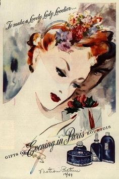 an advertisement for the perfume company's evening paris, featuring a woman with flowers in her hair