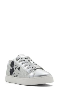 Sparkling embellishments and an iconic Mickey Mouse graphic bring magical charm to a low-profile metallic sneaker set on a classic cupsole for retro-cool style. Cushioned footbed Synthetic upper/recycled-polyester lining/leather and synthetic sole Imported Disney 100, Metallic Sneakers, Low Profile, Womens Sneakers, Cool Style, Embellishments, The 100, Nordstrom, Sneakers