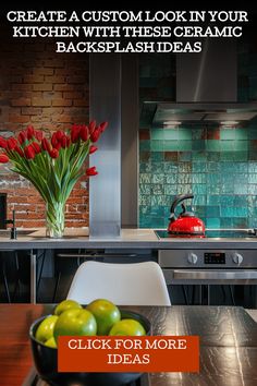 a bowl of fruit sitting on top of a wooden table in front of a stove