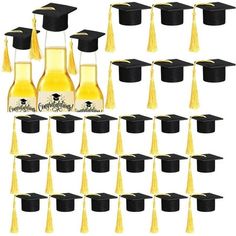 graduation caps and bottles filled with yellow liquid