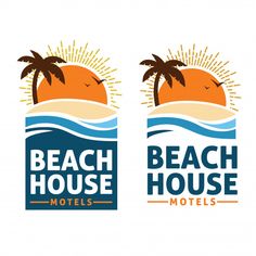 the beach house motels logo is shown in two different colors and font, with palm trees