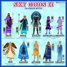 six different types of people in greek mythology, with the words sky gods ii on them