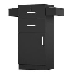 a black cabinet with two drawers on the bottom and one drawer open to reveal something