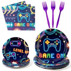 neon gaming themed party supplies including plates, forks and napkins