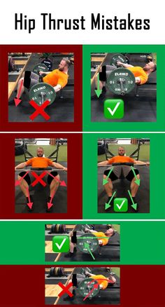 the instructions for how to do hip thrusts on an exercise bench with arrows pointing up and down