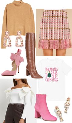 Pink Christmas Outfit, Pink Tweed Skirt, Pink Booties, Style Moodboard, Pink Tweed, Outfit Pink, Tweed Skirt, Style Pink, Cute Style