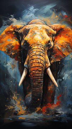 an elephant with orange tusks is shown in this oil painting by artist mark stewart