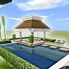 an artistic rendering of a pool and gazebo in the middle of a tropical garden