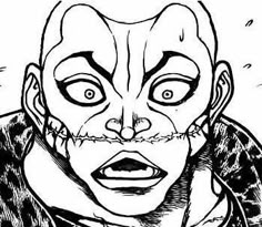 a black and white drawing of an evil clown with his mouth open, looking at the camera