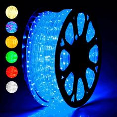 blue led strip light with white wire and multicolored lights on black background next to each other