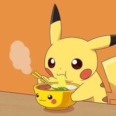 a pikachu eating out of a bowl with chopsticks