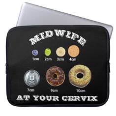 a laptop case with different types of doughnuts on the front and back side