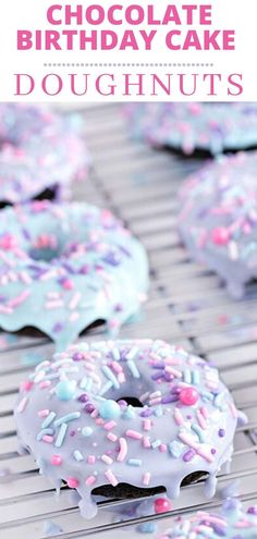 chocolate birthday cake doughnuts with sprinkles on a cooling rack and text overlay that reads, chocolate birthday cake doughnuts