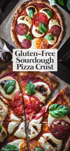 two pizzas with different toppings on them and the title gluten - free sourdough pizza crust