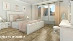 a bedroom with white walls and wood flooring is shown in this 3d rendering image