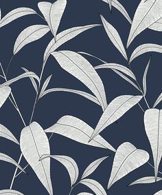 a blue and white wallpaper with leaves in the dark, suitable to use as a background