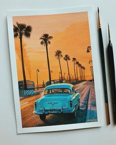 a painting of an old blue car on the street with palm trees in the background