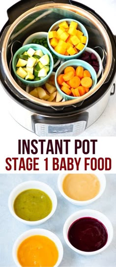 instant pot stage 1 baby food recipe in the slow cooker with four bowls filled with different sauces