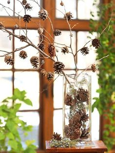 a vase filled with pine cones sitting on top of a table