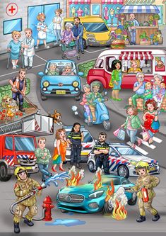 an image of people in the street with cars and firetrucks on it