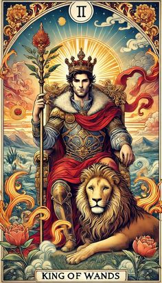 the king of wands is sitting on top of a lion