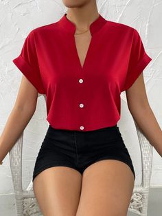 Casual V Neck Solid Shirt Blouse Office Lady Spring Summer Fashion Elegant Short Sleeve Slim Shirts For Women White Tops[23y 8m 11d] Office Tops With Collar In Solid Color, Collared Solid Color Office Tops, Red Summer Office Tops, Red V-neck Solid Color Blouse, Red Solid Color V-neck Blouse, Red Short Sleeve Office Blouse, Red Short Sleeve Blouse For Office, Red Short Sleeve Tops For Office, Red Summer Blouse For Office