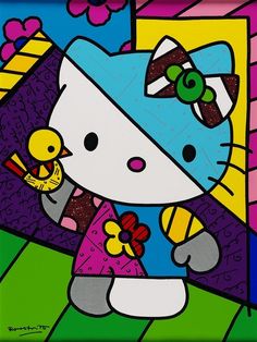 a painting of a hello kitty holding a chick