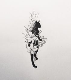 a black and white drawing of a cat sitting on a branch with flowers in it