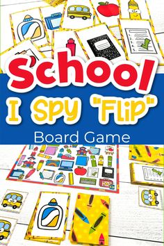 school i spy flip board game with the words school i spy flip in front of it