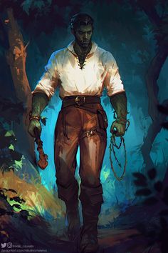 a man walking in the woods with chains on his hands and wearing a white shirt