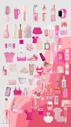 a pink poster with many different items on it