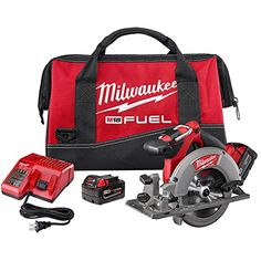 the milwaukee tools tool kit includes a cordless circular saw, two batteries and a case