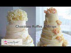 two different pictures of a wedding cake with flowers on top and chocolate ruffles and wraps