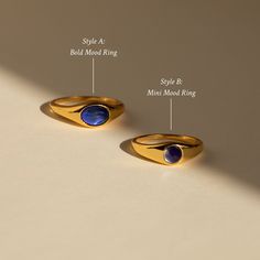 ¡Experimenta una ola de nostalgia con nuestros anillos Signet Mood! Disponibles en tamaños atrevidos y mini, estos anillos cuentan con piedras que cambian de color que reflejan su estado de ánimo, lo que garantiza que esté siempre en sintonía con sus emociones. Combina este atrevido anillo con otras piezas de joyería sentimentales para lograr una apariencia verdaderamente nostálgica y sincera, lo que lo convierte en el regalo perfecto para que tu hermana guarde preciosos recuerdos juntas ♡ Blue Gold Ring, Mood Rings, Sapphire Gemstone Signet Ring, Grown Up Mood Ring, Real Mood Ring, Mood Ring Earrings, Gold Mood Ring, Mood Ring Colors, Initial Tag Necklace