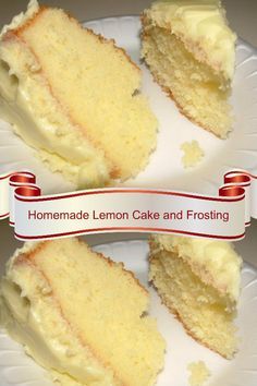 two slices of lemon cake and frosting on a white plate with a red ribbon