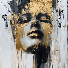 an abstract painting of a woman's face with gold and black paint on it