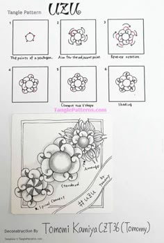 the instructions for how to draw flowers in different shapes and sizes, with pictures on each side