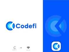 the logo for codefi is shown in blue and white, with an arrow pointing to it