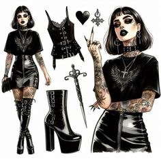 Different Types Of Grunge, Download Festival Outfit Ideas, Goth Outfits Drawing, Corpo Goth, Metal Outfits Women, Diy Goth Clothes, Modern Goth, Look Grunge