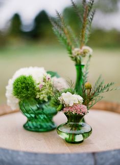 a collage of photos with green and white flowers in vases, plates, napkins