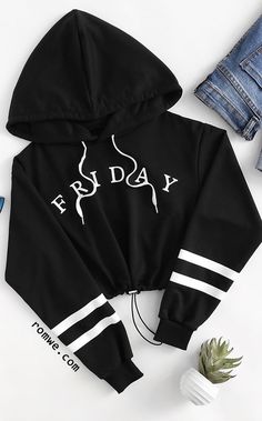 Varsity-Striped Drawstring Hem Letter Print Hoodie Hoodie Outfits, Find Your Aesthetic, Comfy Jackets, Fancy Dress Outfits, Letter Print Hoodie, Latest Street Fashion, Striped Hoodie, Sweatshirts Online, Sporty Outfits