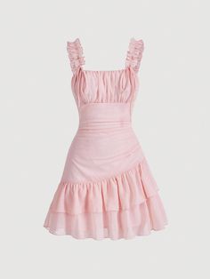 Baby Pink Casual Collar Sleeveless Woven Fabric Plain Cami Embellished Non-Stretch  Women Clothing Outfit Rosa, Cinched Waist Dress, Baby Pink Dresses, Pink Dress Short, Dress Store, Pink Outfits, Dress For Short Women, Pink Outfit, Waist Dress