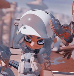 an animated character wearing a helmet and holding a tennis racquet in her hand