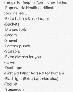 a list with the words, things to keep in your horse trainer's box