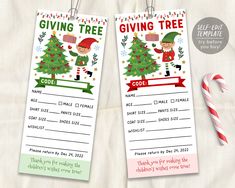 two christmas tree gift tags with candy canes