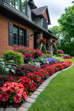 a flower bed in front of a house with red and purple flowers on the side