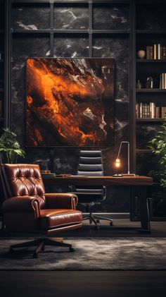 an office with a leather chair and desk in front of a large painting on the wall