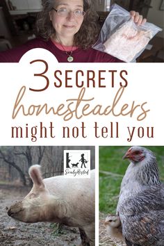 a woman holding a bag of chicken meat in front of her face and the words 3 secrets homesteaders might not tell you