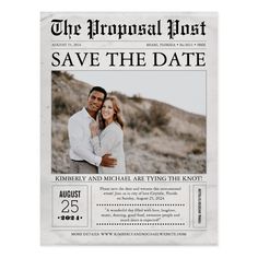 an old newspaper wedding save the date card with a couple hugging each other on it